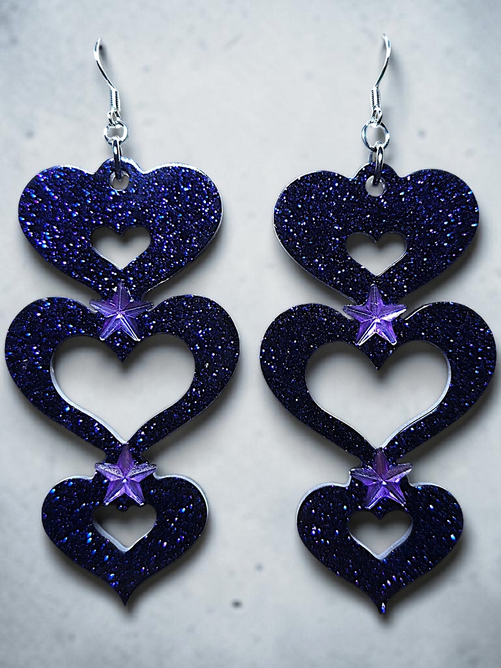 Midnight Galaxy Triple Heart Statement Earrings W/Star Rhinestones
